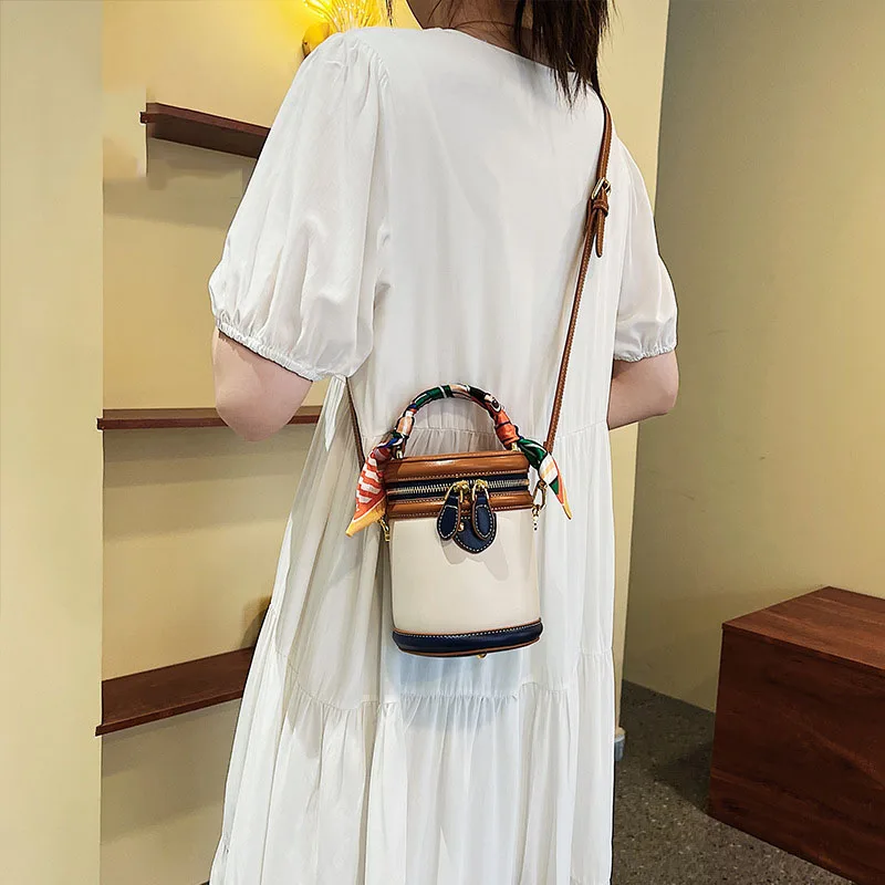 Women Bucket Bag With Elegant Scarves New 2024 Fashion Cross-body Niche Cylinder Bag One-shoulder Portable Cosmetic Bag