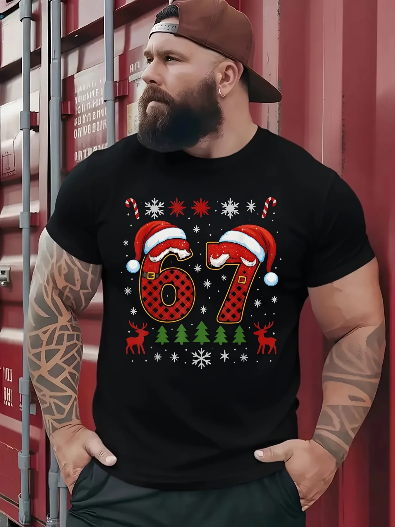 Festive Christmas Number 6 And 7 T-Shirt For Men - Fun Crew Neck Tee With Santa Hats, Candy Canes, And Reindeer Design - Large S