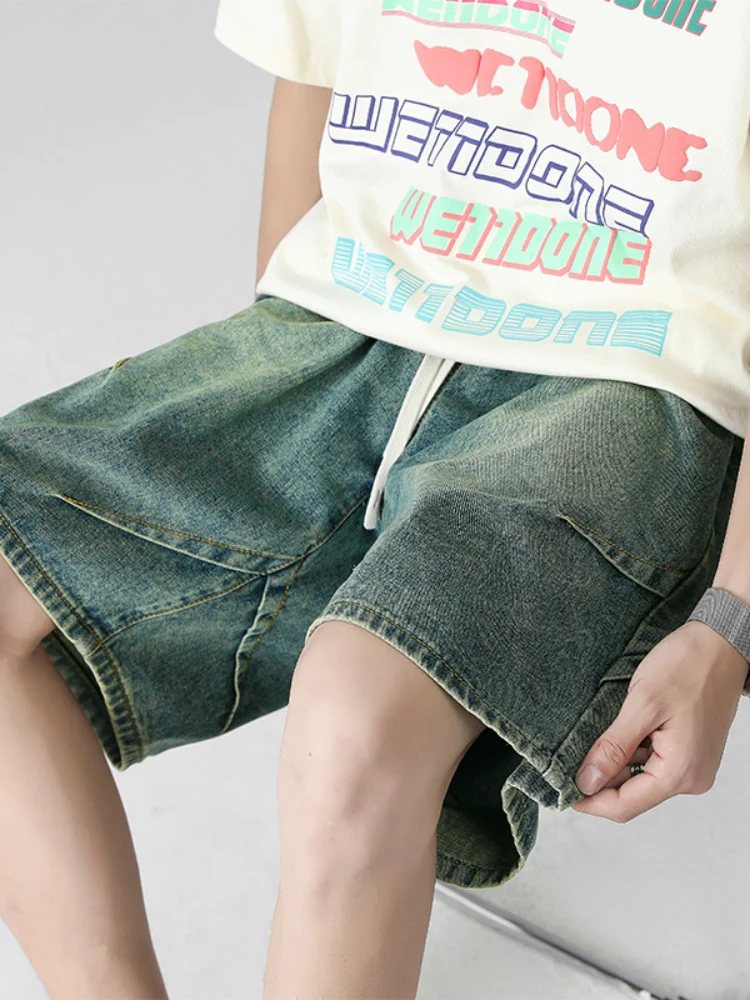 

American Retro Waed Denim orts Men Summer High Street Loose Pleated Design Sense Pants Men Five-Point Thin Jeans