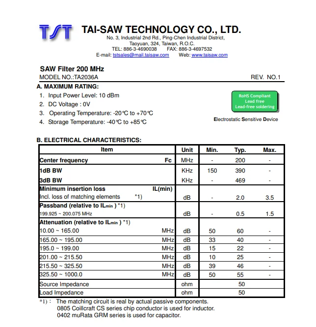 Imagem -02 - Nova Original Viu Filtro 200mhz Perda de Inserção 2.0db Smd 5x5 mm Superfície Onda Acústica rf Filtros Ta2036a Código 2036 10 Peças Lote