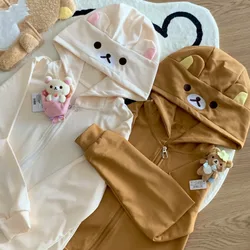 Rilakkuma-Sudadera con capucha de dibujos animados para mujer, Sudadera con capucha con cremallera, orejas de oso de peluche, chaqueta de manga larga, cárdigan informal de moda, ropa de algodón