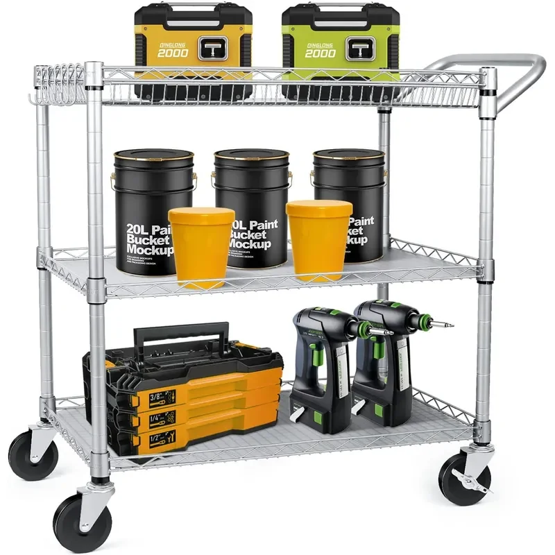990Lbs Capacity Heavy Duty Rolling Utility Cart NSF Rolling Carts with Wheels Commercial Grade Metal Cart with Handle Bar