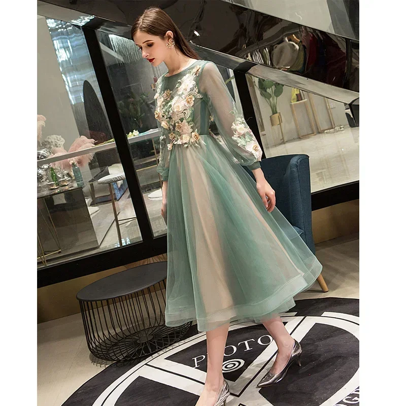 It\'s Yiiya Evening Dresses Green Appliques Floral O-Neck A-line Tea-length Plus Size Robe De Soiree Women Party Formal Gown E773