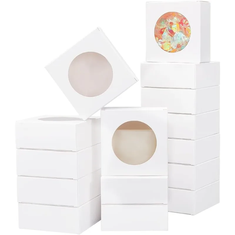 صناديق ورقية مربعة بنافذة مستديرة ، صناديق مخبز بيضاء من ورق الكرافت ، صناديق تعبئة هدايا لكعكة الحلوى ، من من 24 عبوة #1