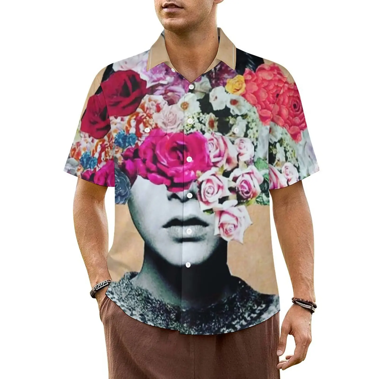 

Women Head With Flowers Casual Shirt The Hidden Lady Loose Hawaiian Shirts Man Short Sleeve Vacation Streetwear Oversize Blouses