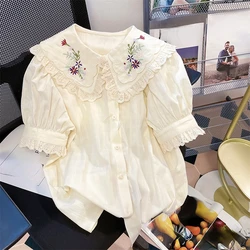 Women Shirt Peter Pan Collar Floral Embroidery Hollow Out Ruffles Blouses French Casual Fashion Sweet Short Puff Sleeve Tops