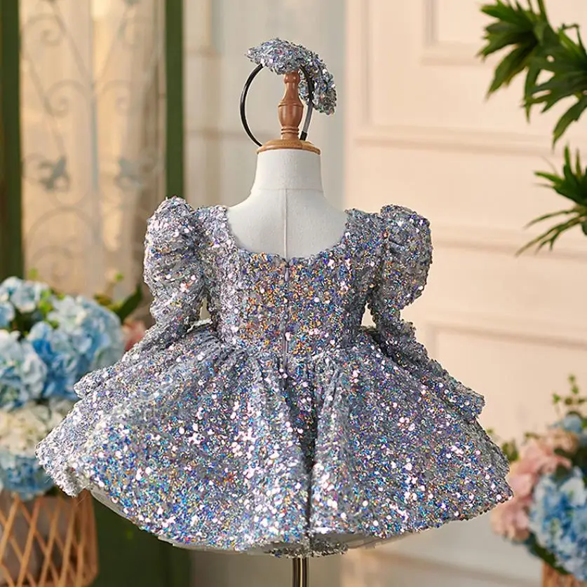 High-End Children's Princess Evening Gown Long Sleeve Sequin Design Wedding Birthday Baptism Eid Party Girls Perform Dress A3440