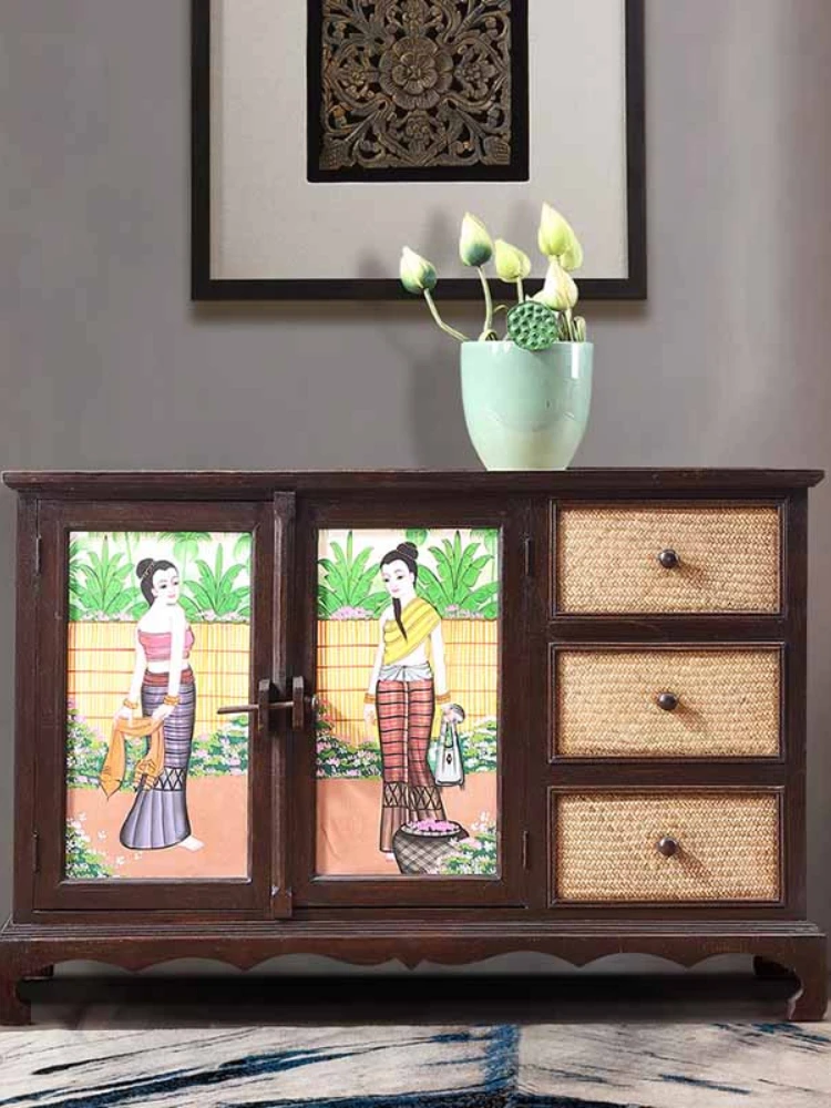 

High quality Thai hand-painted bamboo woven solid wood console cabinet Southeast Asian style living room lockers Wall Furniture