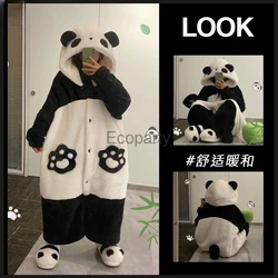 Cute Panda Pajamas For Women Men Autumn Winter Soft Flannel Cartoon Hooded Nightgown Robe Warm Nightdress Bathrobes Sleepwear