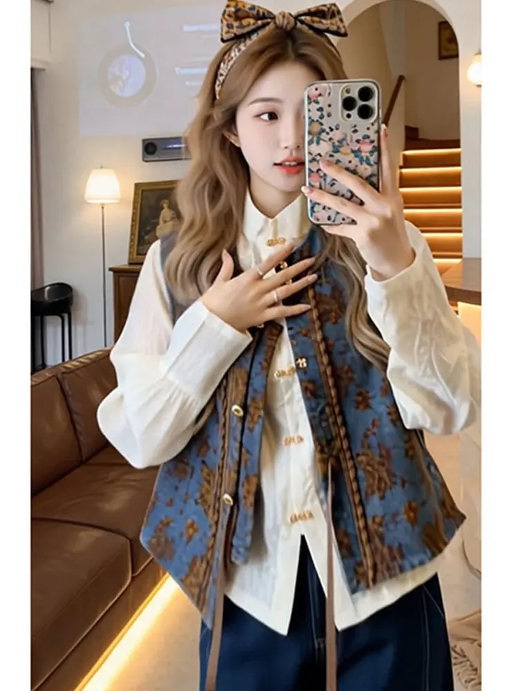 

Retro Floral Embroidery Denim Vest Shirt Lantern Pants Three Piece Set Casual High Waist Spring Autumn Fashion Ensemble
