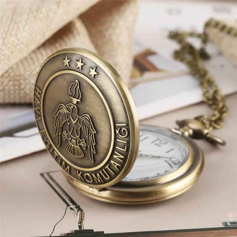 Bronze Engraved Eagle Fire Cover Arabic Number Quartz Analog Pocket Watch for Men Women with Necklace Pendant Chain Reloj Gift