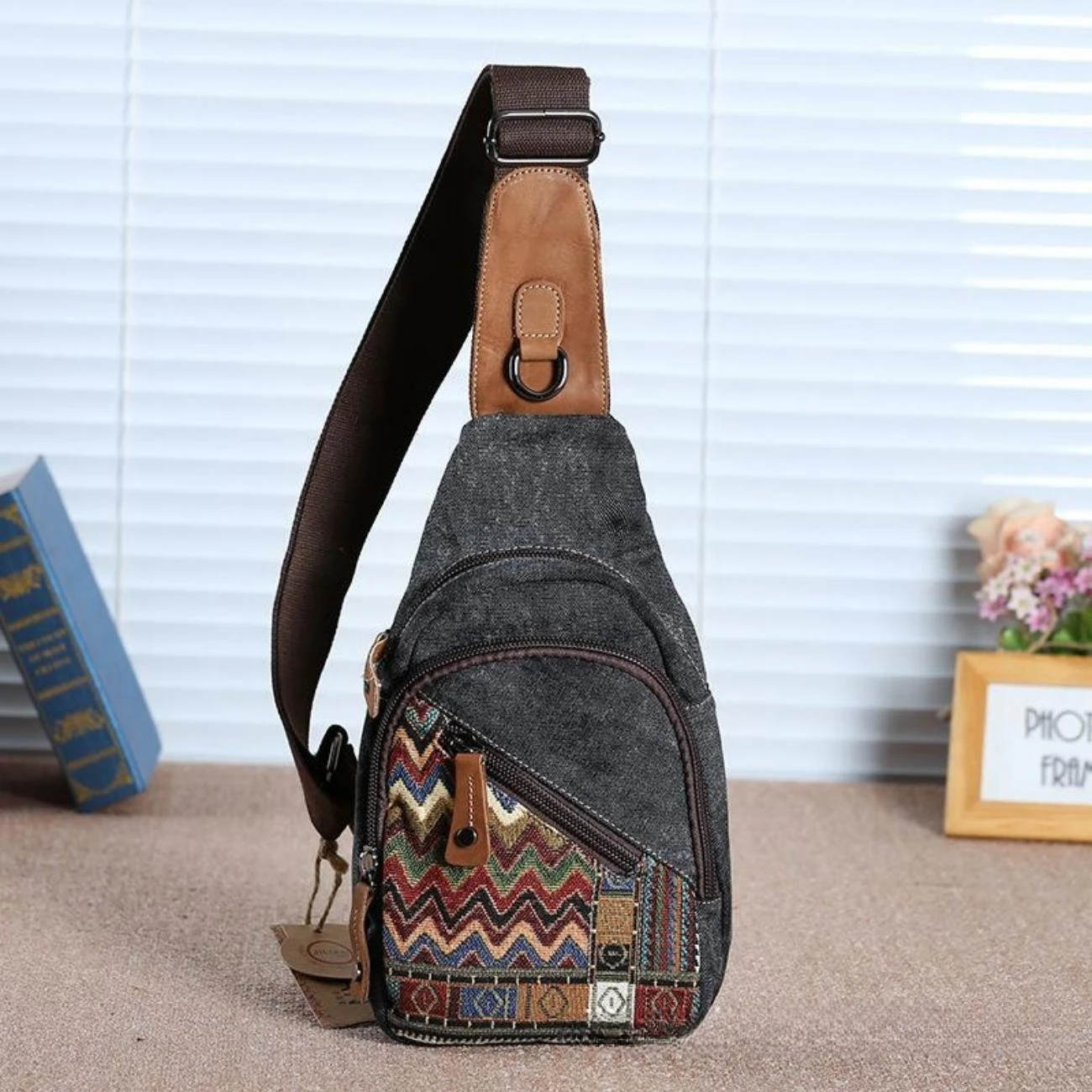 Vintage style embroidery, travel anti-theft canvas, denim chest bag, ethnic style