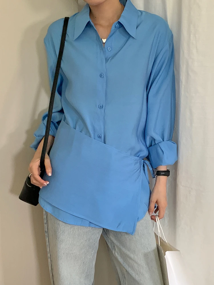 

Korean Fashion Stylish Blouse Women Long Sleeve Spring Autumn Tops Office Ladies Single-Breasted Blue Shirts Female 2024 New