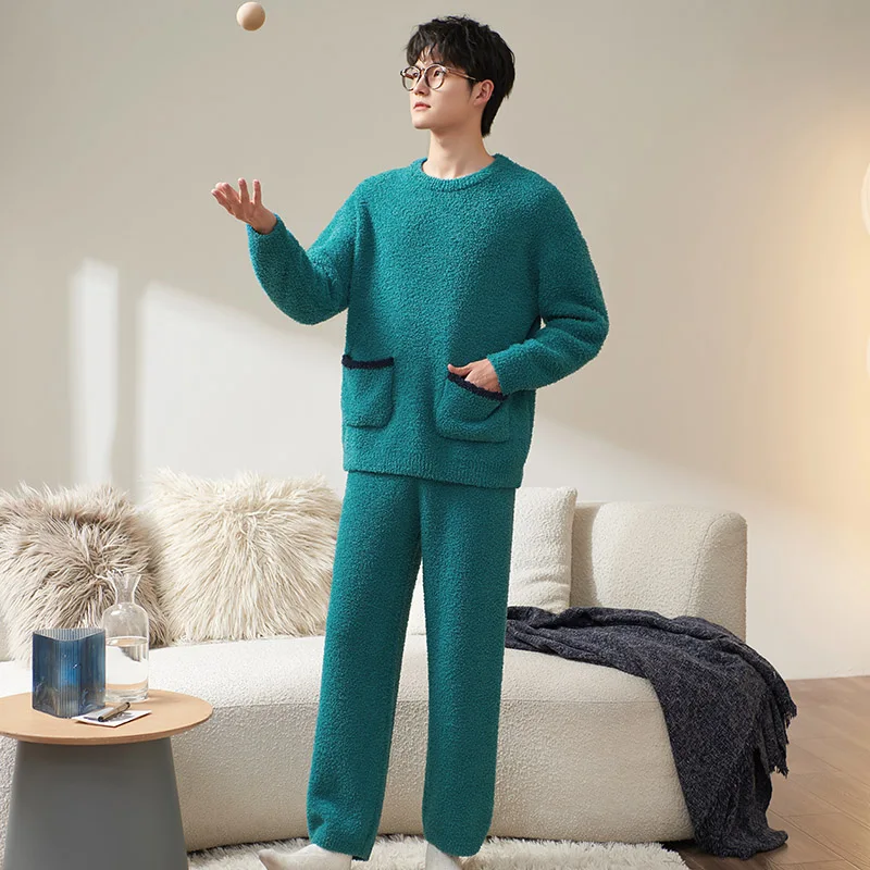 Men's Pajamas Warm Coral Velvet Autumn Winter Male Pyjama Homme Pijamas Sleepwear Long-Sleeve Thick Flannel Lounge Sleep Set 3XL