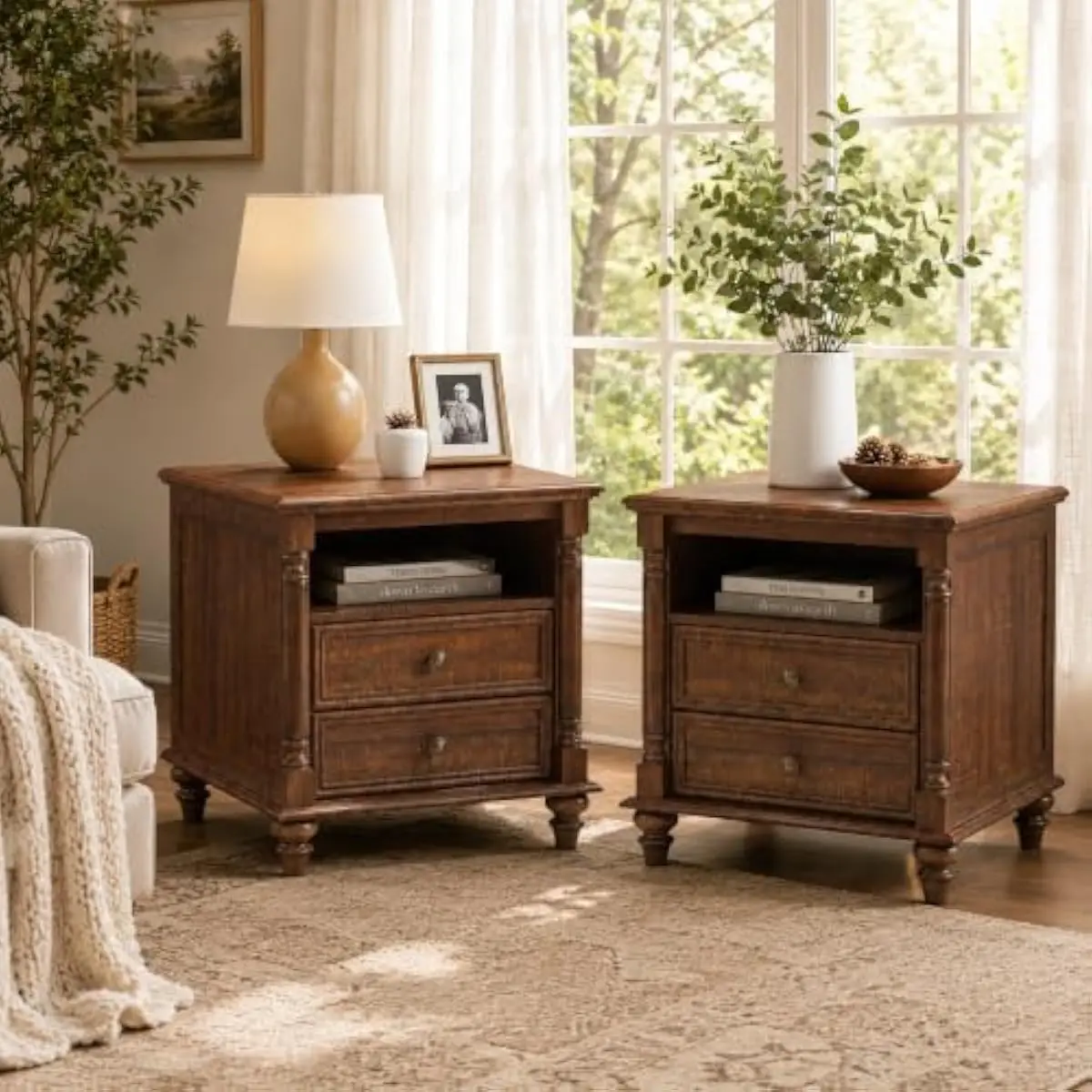 24 Inch Rustic Nightstands Set of 2 with Dual Smooth-Glide Drawers Deep Cubby Storage and Built-In Charging Station Featuring Re