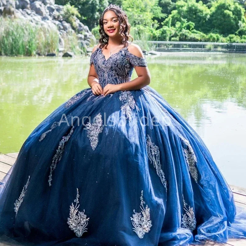 Angelsbridep-Vestido de baile azul marinho, vestido luxuoso Quinceanera, festa de aniversário, apliques brilhantes, 15 anos