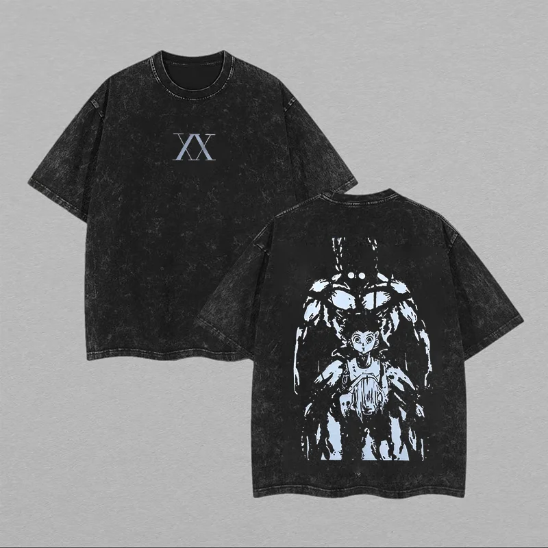 Hunter X Hunter Killua Zoldyck Lightning Graphic Double Sided Japanese Anime Vintage Washed Black T-Shirt Unisex Oversized Y2K view 2