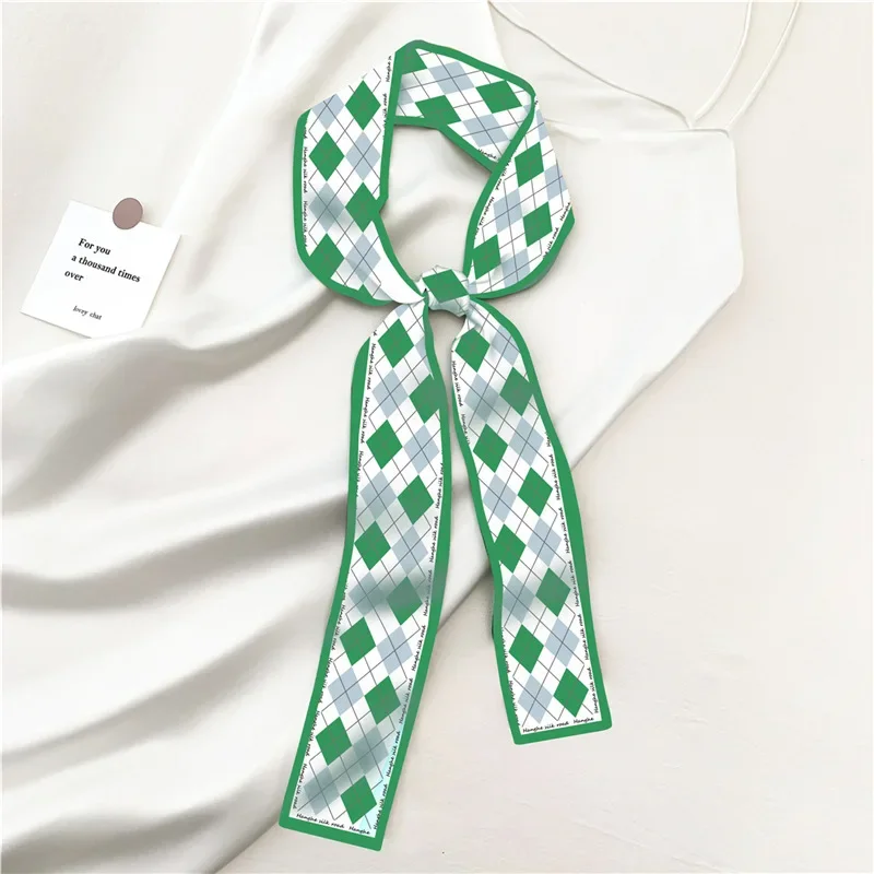 

Premium green rhombus lattice Korean version ins wind small silk scarf streamer