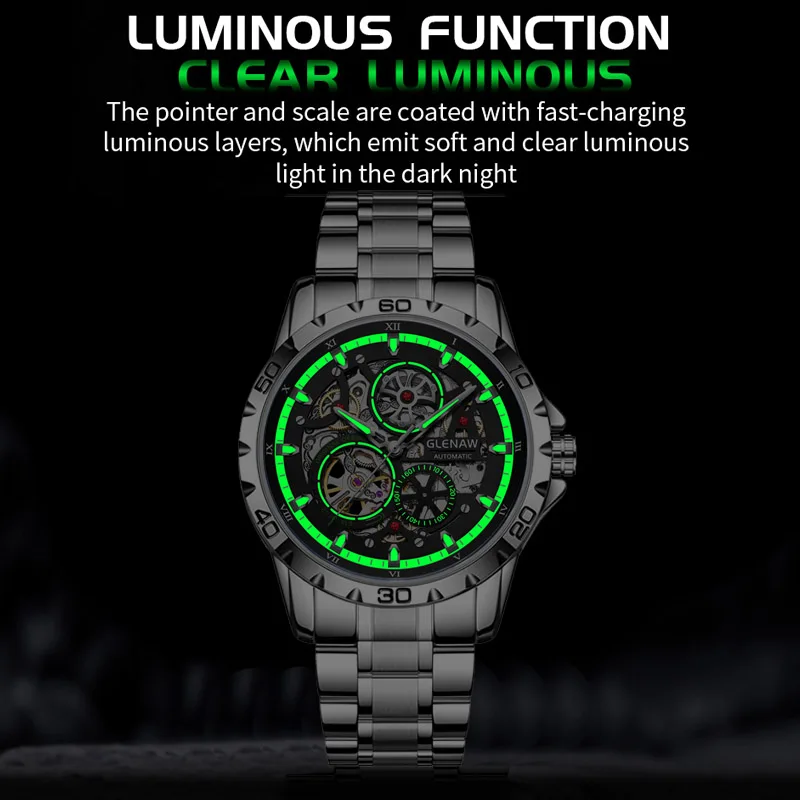 GLENAW Steampunk Skeleton Men's Watch Ring Luxury Automatic Mechanical Watches Luminous waterproof Stainless Steel Strap Watch