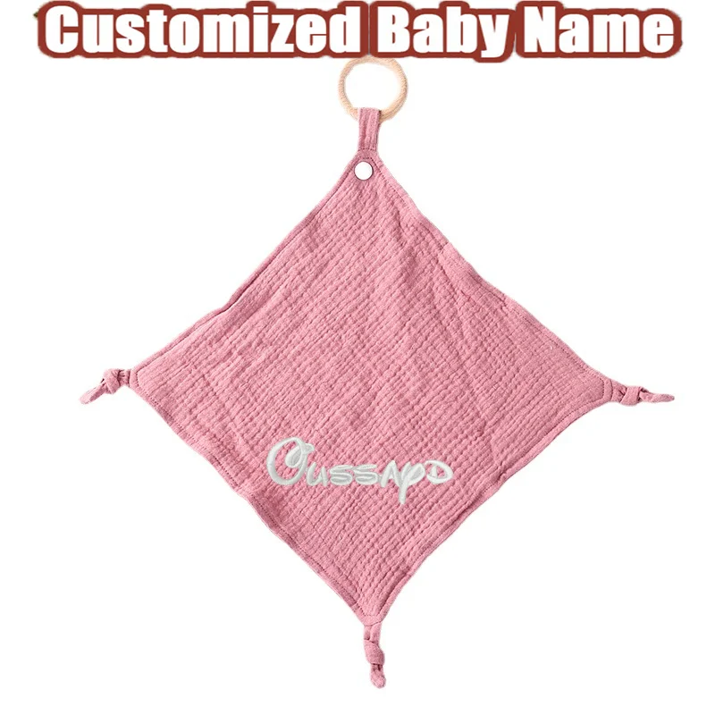 

Personalized Baby Security Blanket Custom Name Cotton Drool Bib with Newborn Teething Ring for Baby Shower Gift Birth Gifts