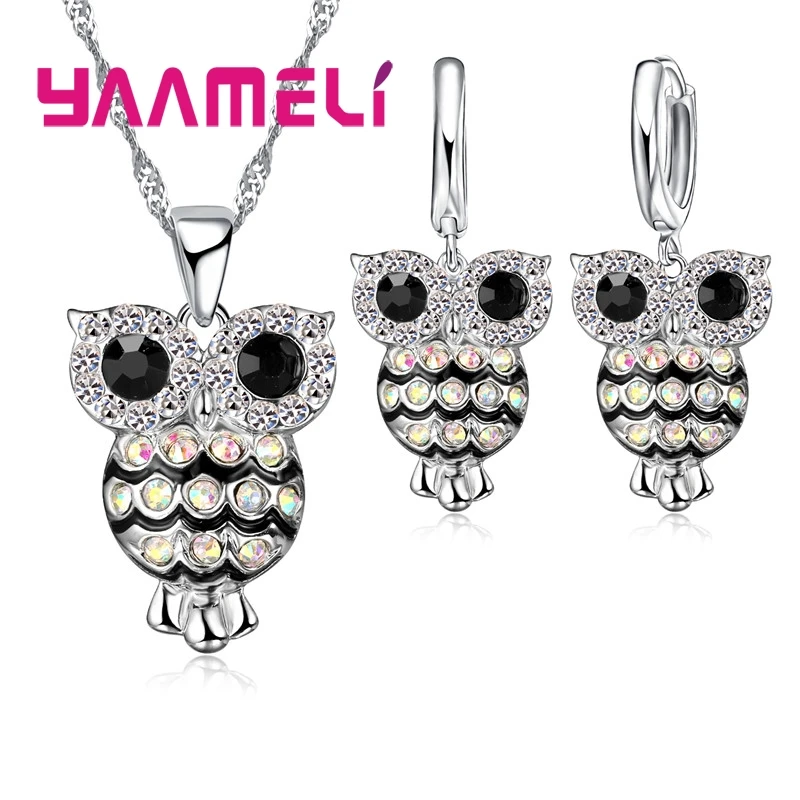 

Luxury 925 Sterling Silver Women Jewelry Sets Shining Cubic Zircon Retro Night Owl for Girls Gifts Necklace Earrings