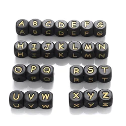 12mm 10Pcs Silicone Black+Gold Letters Beads English Alphabet Letter Beads for Baby Teething Teethers Shower Gifts BPA Free