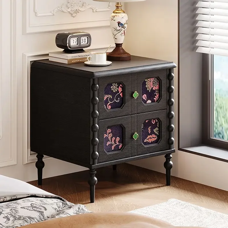 French Floral Inlay Drawer Nightstand Beaded Side Trim Curved Vintage Leg Storage Bedside Cabinet For Bedroom