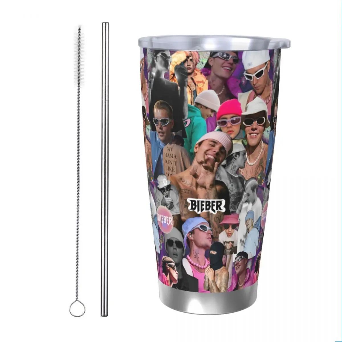 Justin Bieber Pattern Insulated Tumbler with Straws Vacuum Coffee Mugs Double Wall Car Bottle Cup, 20oz