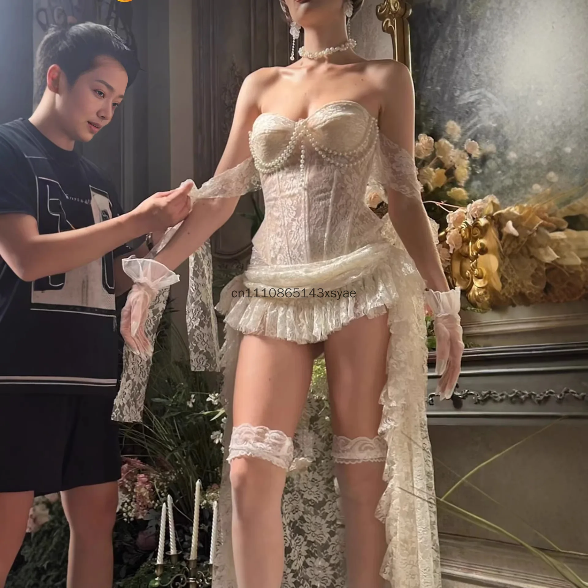 Ladies Lace Two Piece Outfit Elegant Off Shoulder Pearl Bustier Top + Ruched Flow Skirt Matching Suit Night Club Banquet Outfits