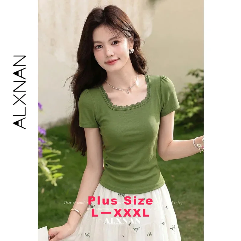 ALXNAN Plus Size Vintage Green T-shirt Square Neck Lace Trim T-shirts Women Fashion Elegant Slim Fit Short Sleeve Tops D662876