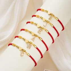 Stainless Steel A-Z Initial Letter Bracelet For Women Men Gold Color Love Heart Pendant Red Luck Rope Charm Bangle Charm Jewelry