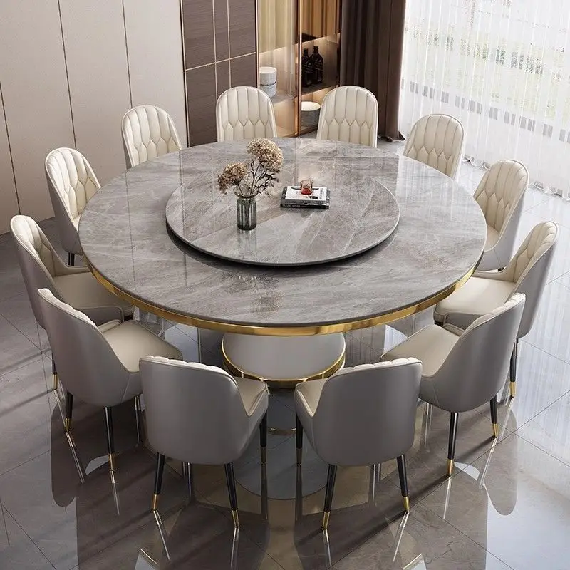 Modern Round Sintered Stone Dining Table Set With Lazy Susan & Upholstered Chairs