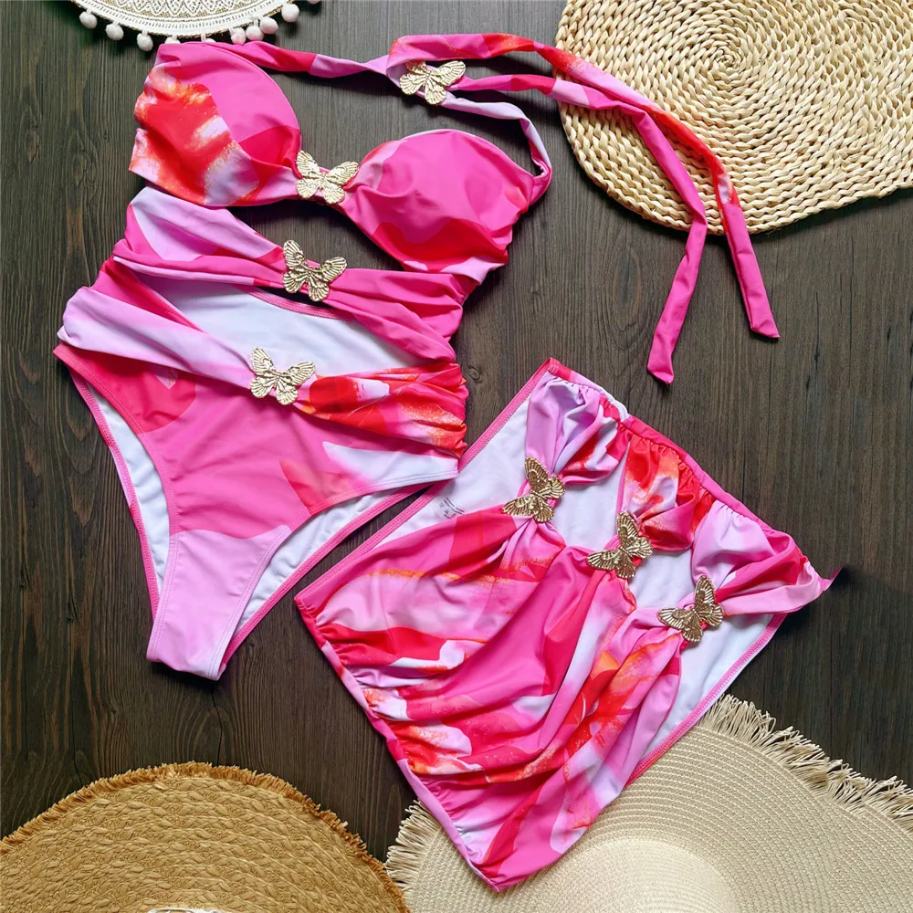 Metal Butterfly Swimwear Mini Skirts Hollow Out Monokini One Piece Sexy Swimsuit Women 2026 Tie Dye Print Bathing Swimming Suit