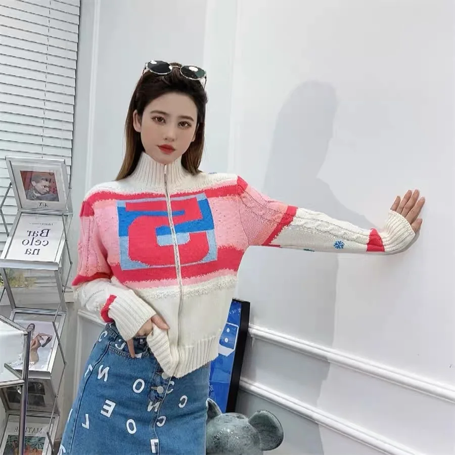 Elegant Contrast Color Knitted Cardigan Sweater Women Korean Fashion Vintage Ladies Jumper Long Sleeve Turtleneck Female Tops