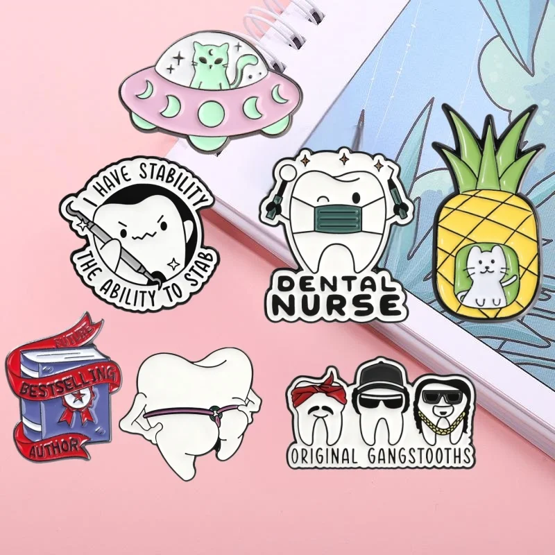 Funny Dental Nurse Enamel Pin Set Cartoon Tooth Design Brooch Badge For Backpack Clothes Humorous Dentist Accessory Custom Gift