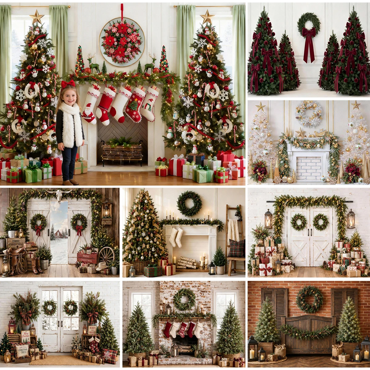 Vintage White Brick Fireplace Barn Door Christmas Wreath Tree Sock Decor Photography Background For Kids Family Portrait