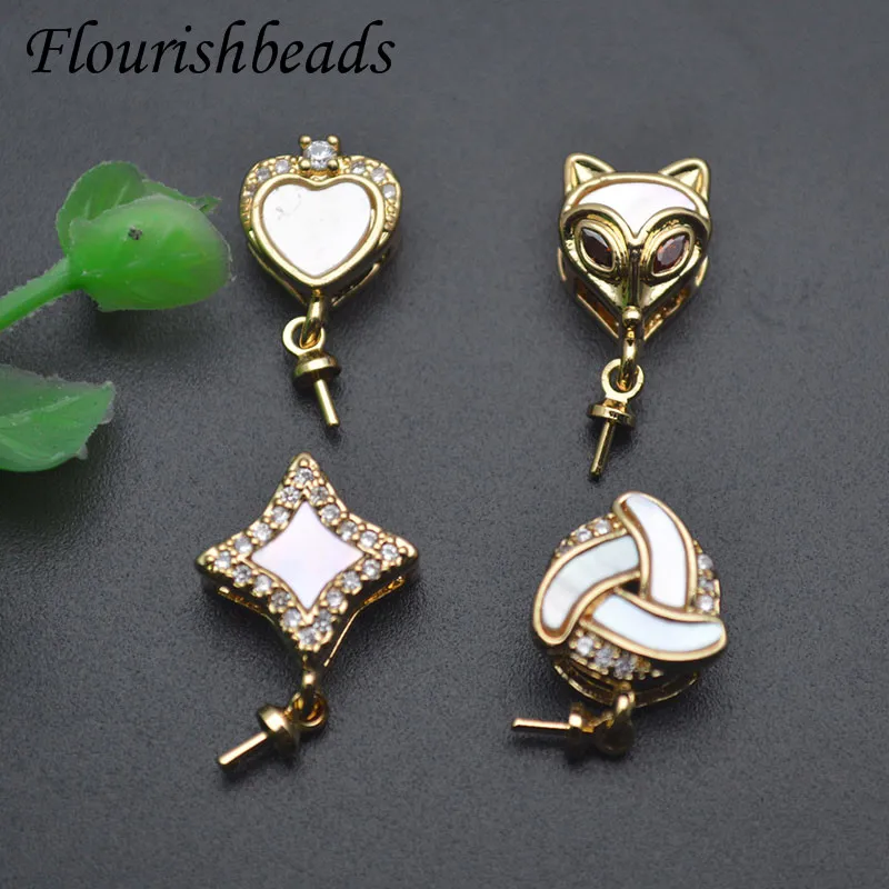 10pcs/lot Natural Mother of Shell Paved CZ Beads Heart Animal Fox Shape Pendant Clip Clasp for DIY Jewelry Necklace Pendant