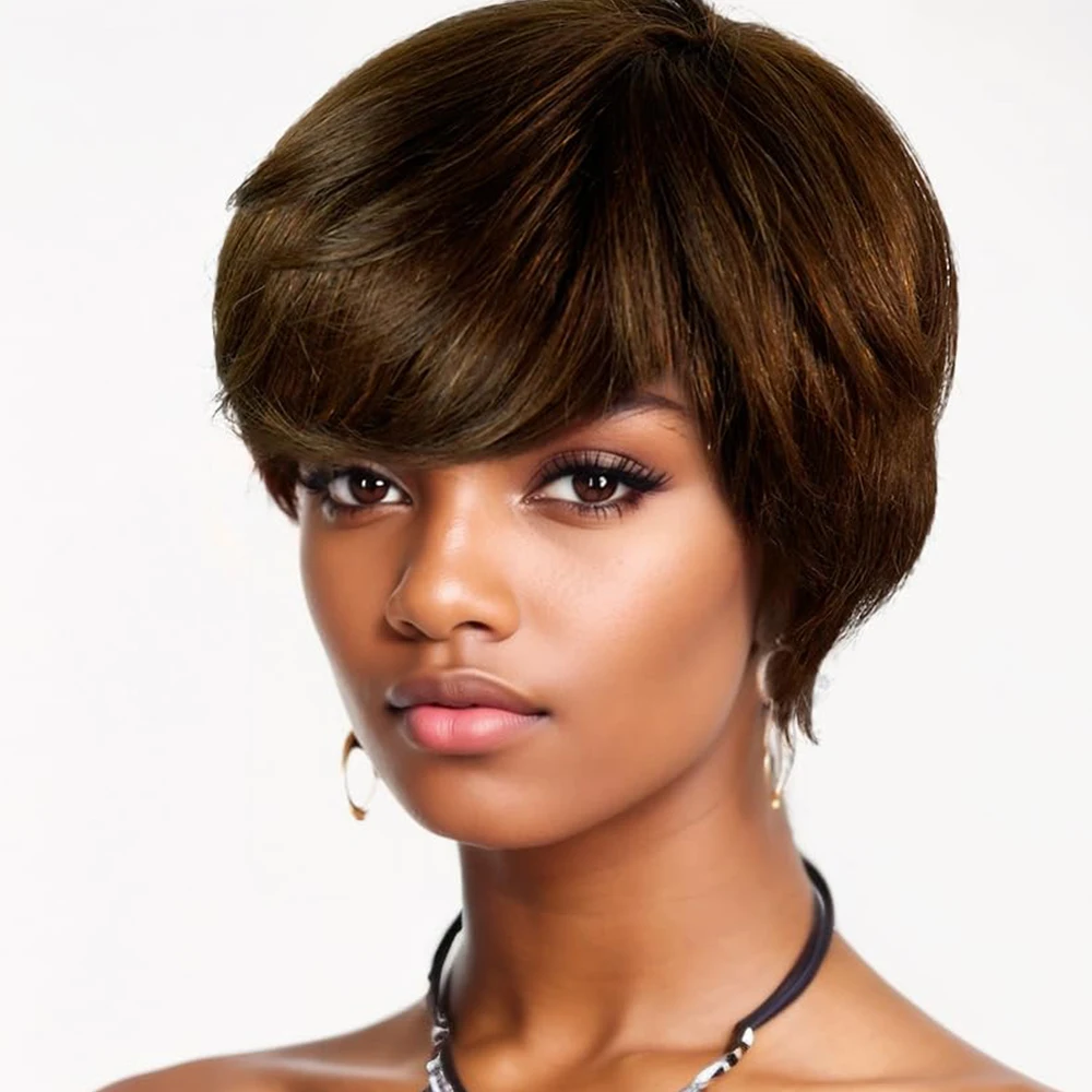 

Short Pixie Cut Short Wigs Brown Color Full Machine Made Bob Wig Brazilian Remy Human Hair Wigs with Bangs for Women 150 Density