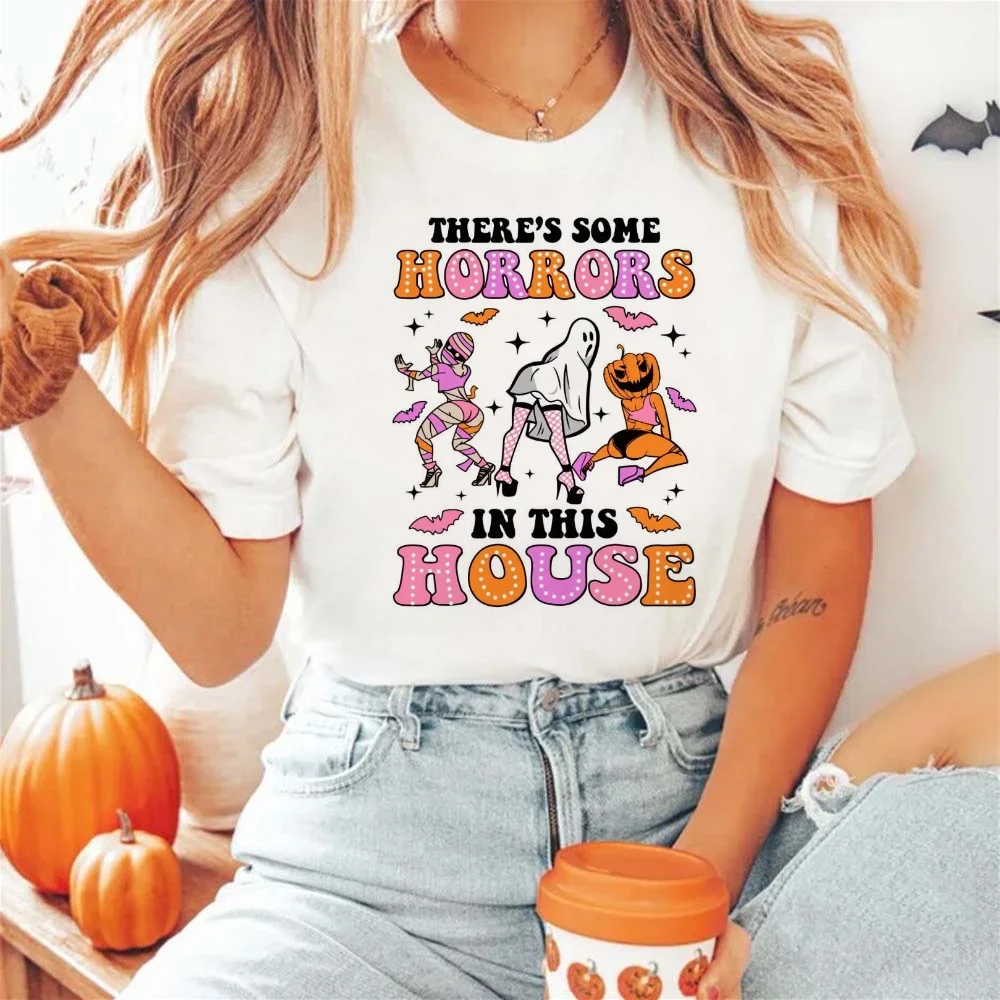 Funny Spooky Girl There Are Some Horrors In This House Printed Top Round Neck T-Shirt Sweet And Cute Women's Street Versatile T-