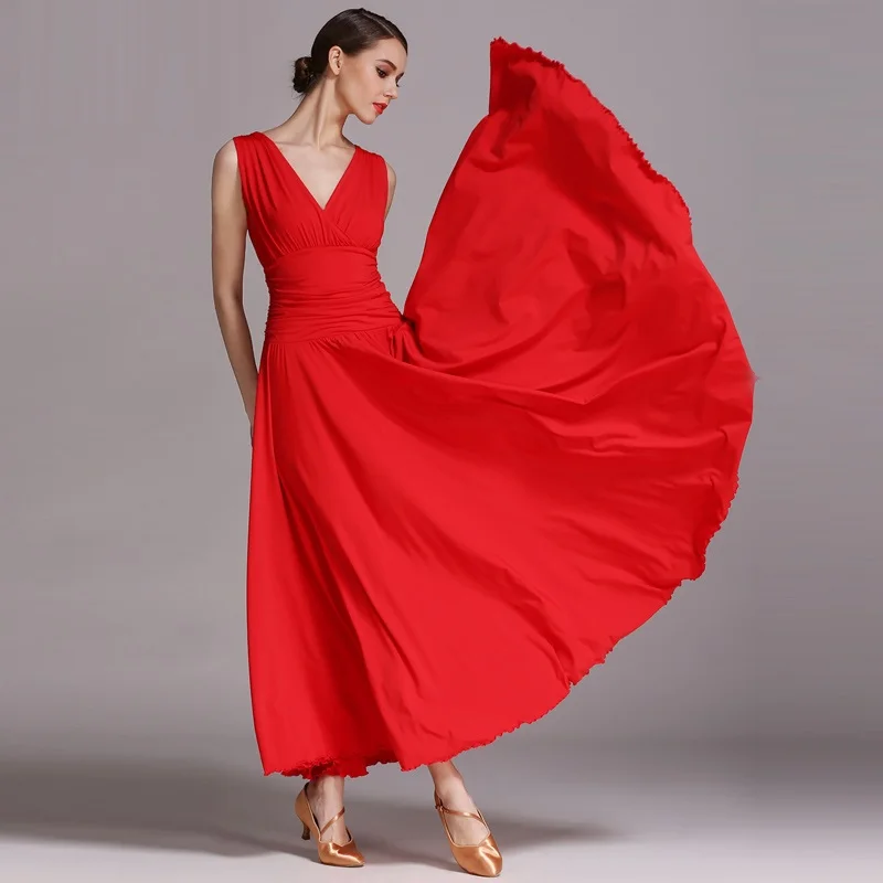 

Women Ballroom Dance Dress Women Red Costume Ice Silk Sleeveless V Collar Waltz Evening Dresses Ballroom Dancing Performance
