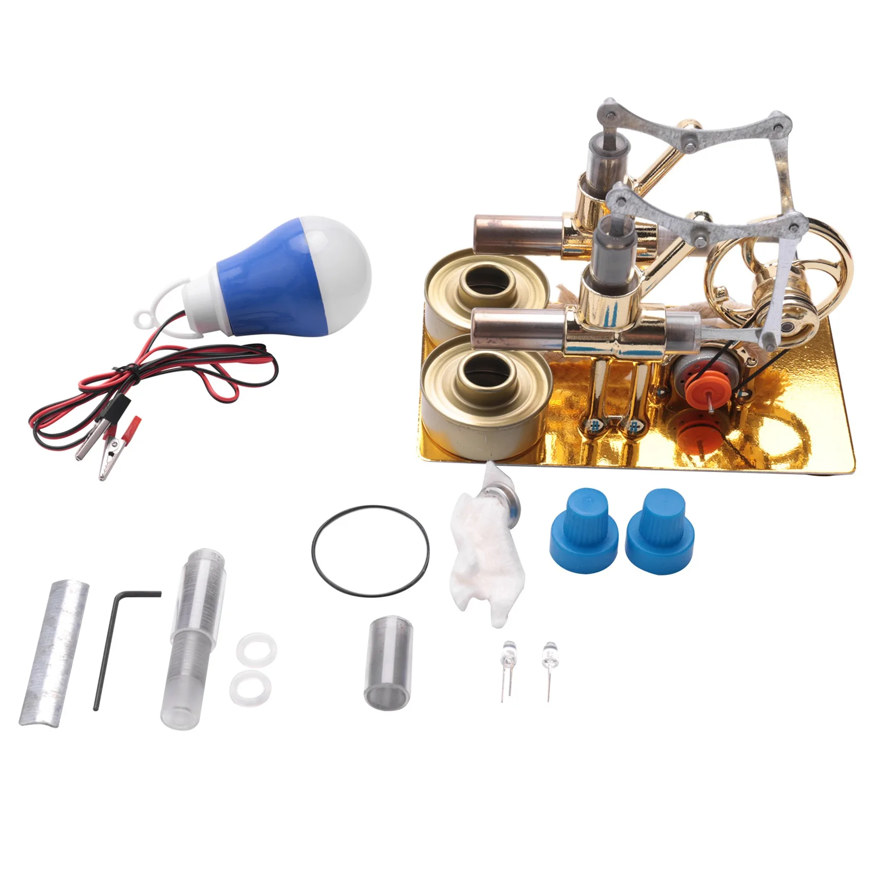 Golden Double Cylinder Stirling Engine Model Bulb External Combustion Heat Steam Power Physics Science Experiment Engine