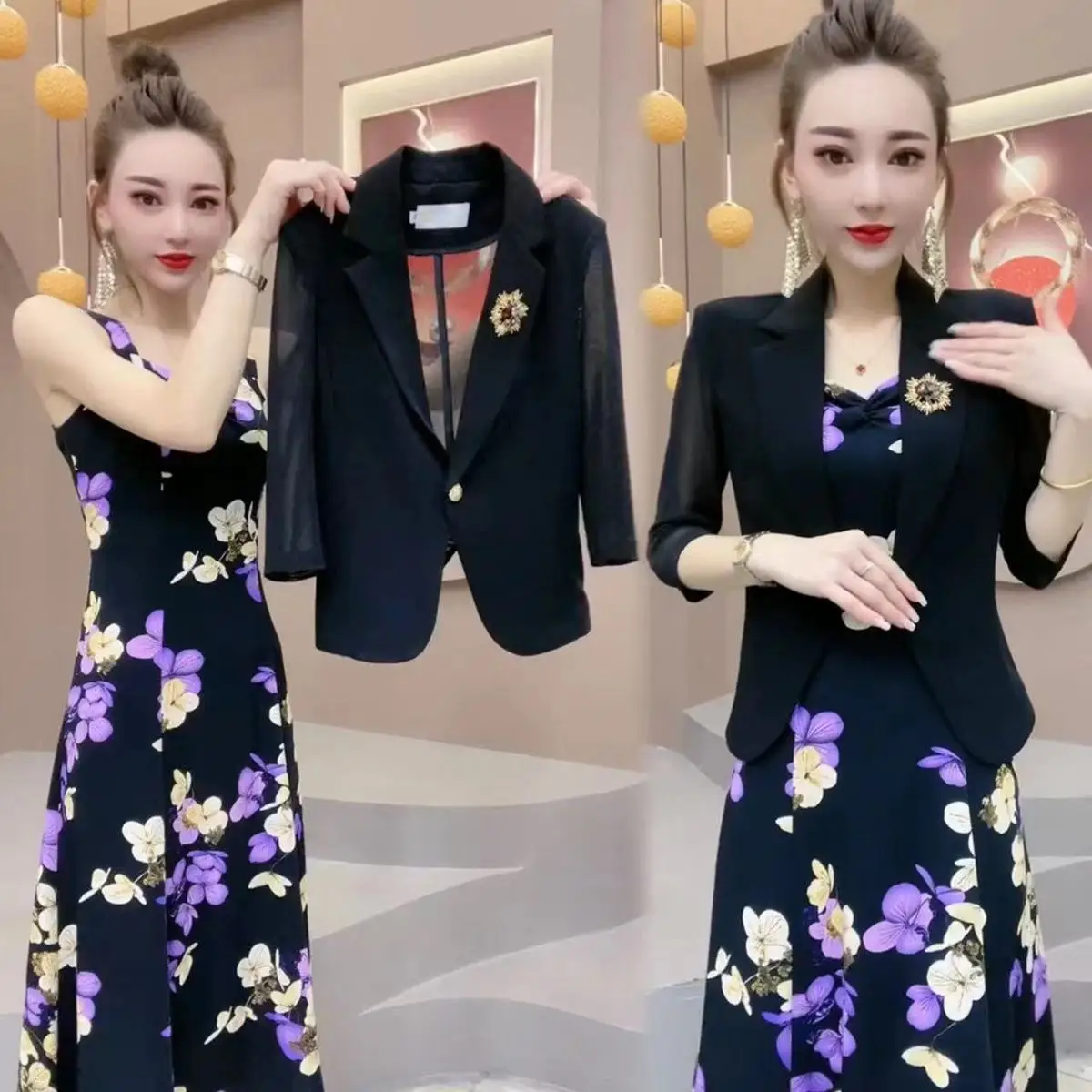 Popular High-End Brooch Blazer Slip Dress Suit Jacket Women\'s Summer Fashion Blazer Suit Skirt Two-Piece Set Sling Print Dress