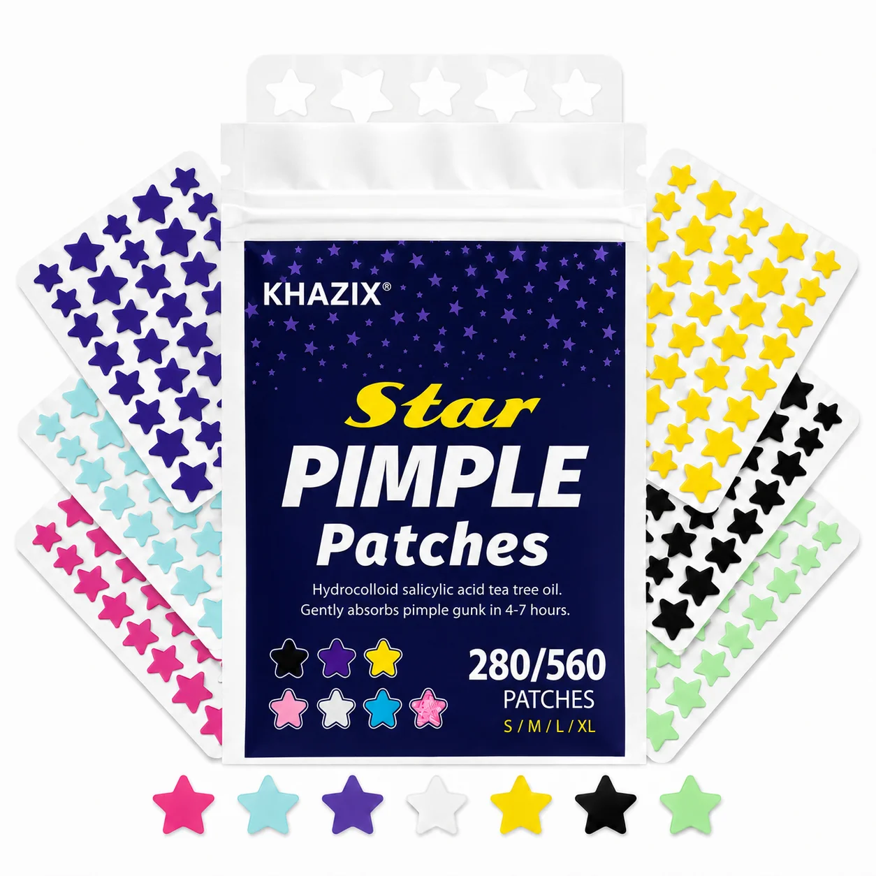Star Blemish Patches, Hydrocolloid Acne Stickers, 7 Colors Variety Pack, Ultra-Thin Pimple Covers for Face Spots, Skin-Friendly