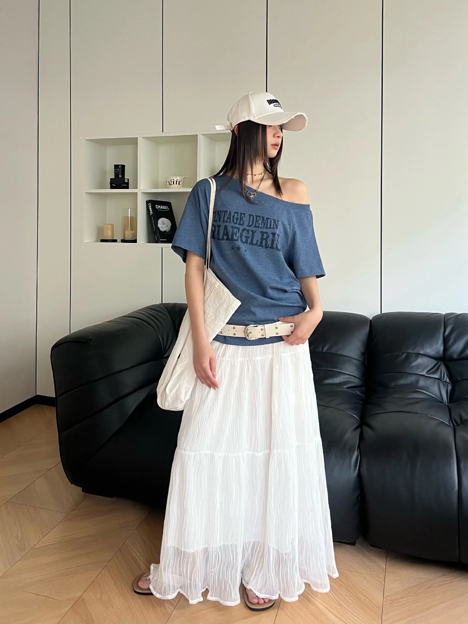 

Текстурированная длинная плиссированная юбка с высокой талией на резинке для женщин, весна-лето, стройнящая, А-силуэт, из дышащей комфортной ткани