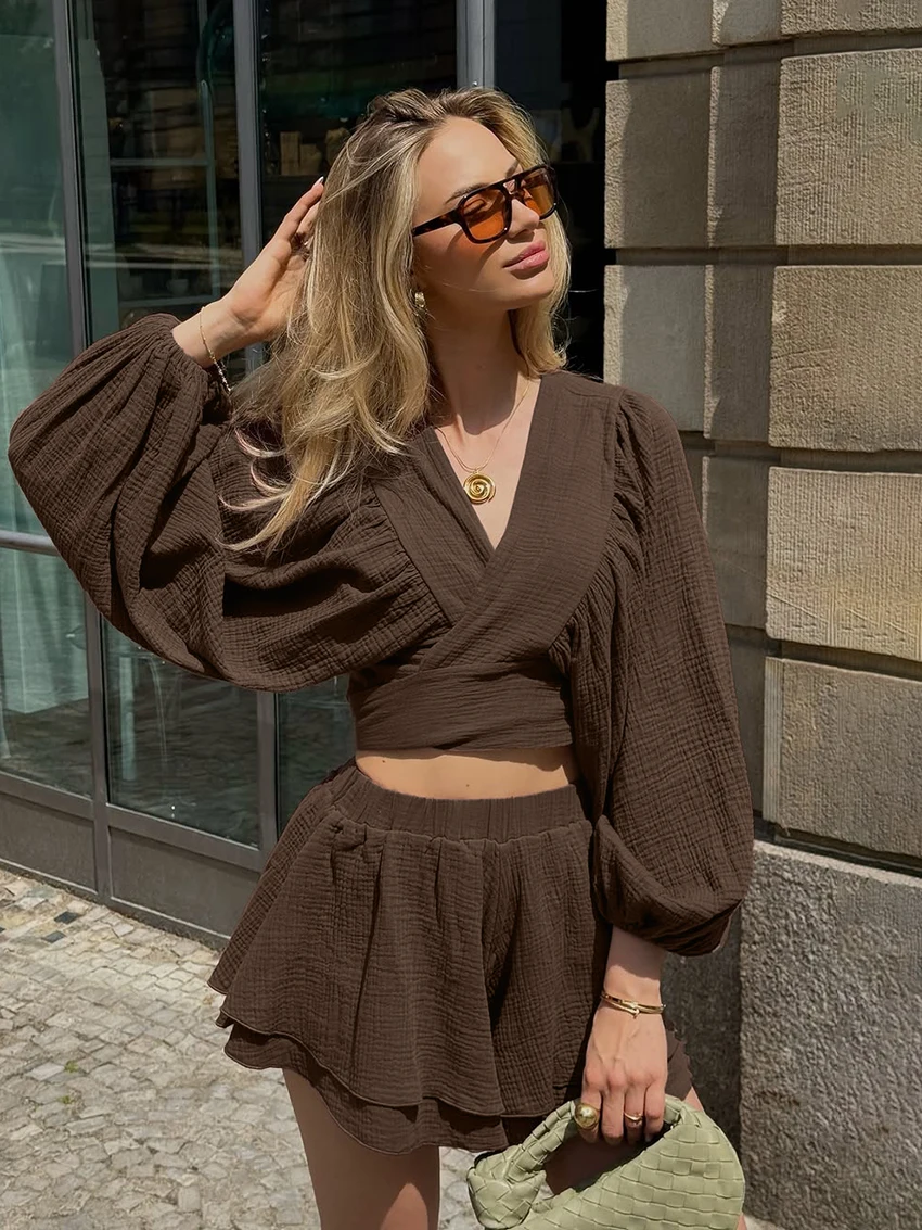 

Marthaqiqi Cotton Ladies Pajamas Suit V-Neck Sleepwear Crop Top Nightwear Long Sleeve Nightie Shorts Casual Female Nightgown Set