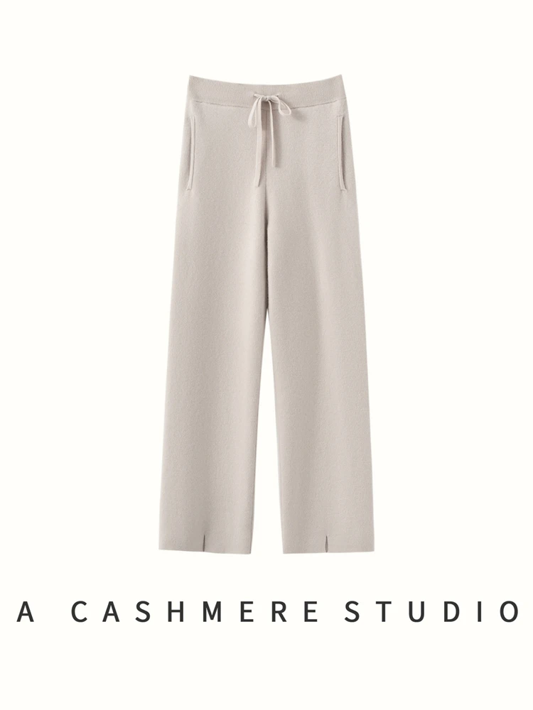 

Women 100% Cashmere Straight Pants Thicken Autumn Winter Slit Drawstring Elastic Waist Trousers Pocket Knitted Office Lady Pants