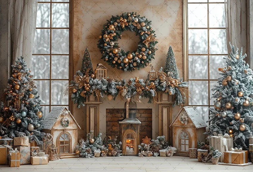 Mehofond Photography Background Christmas Vintage Fireplace Windows Xmas Tree Kids Family Portrait Decor Backdrop Photo Studio