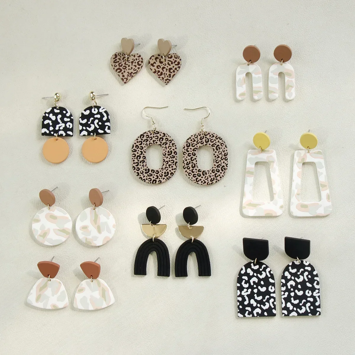 Black White Leopard Print Camouflage Geometric Figure Drop Earrings Multi Color Lovely Clay Texture Acrylic Stud Earrings Lady