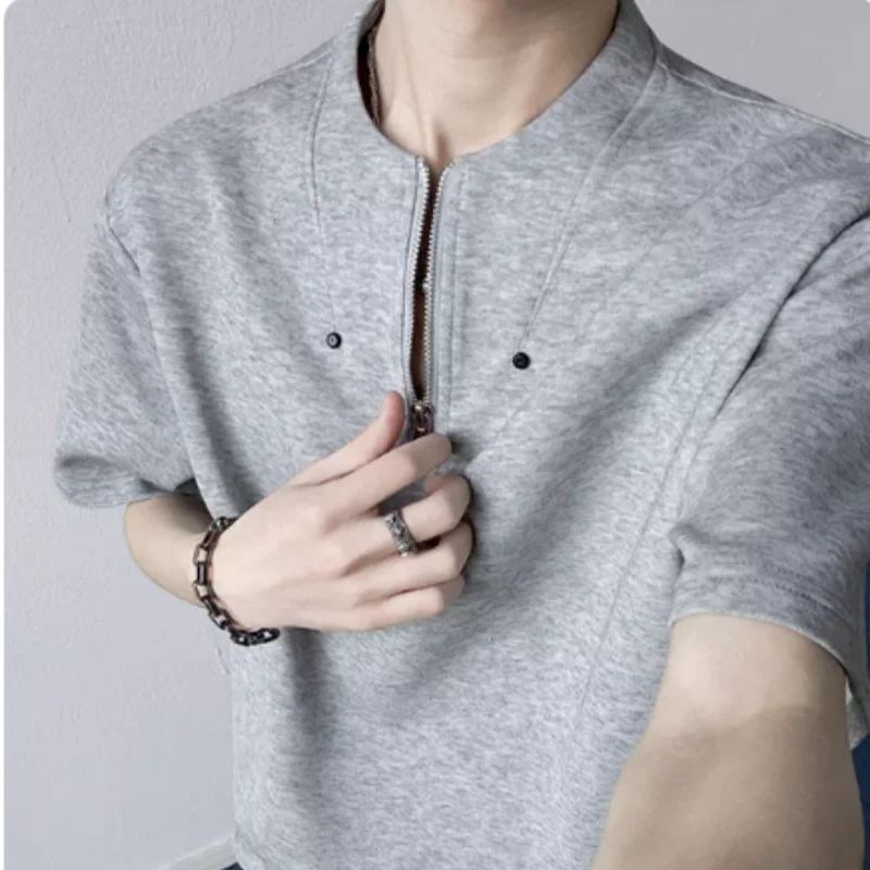 American retro zipper half-open collar T-shirt for men, summer cleanfit short-sleeved shoulder slimming polo shirt