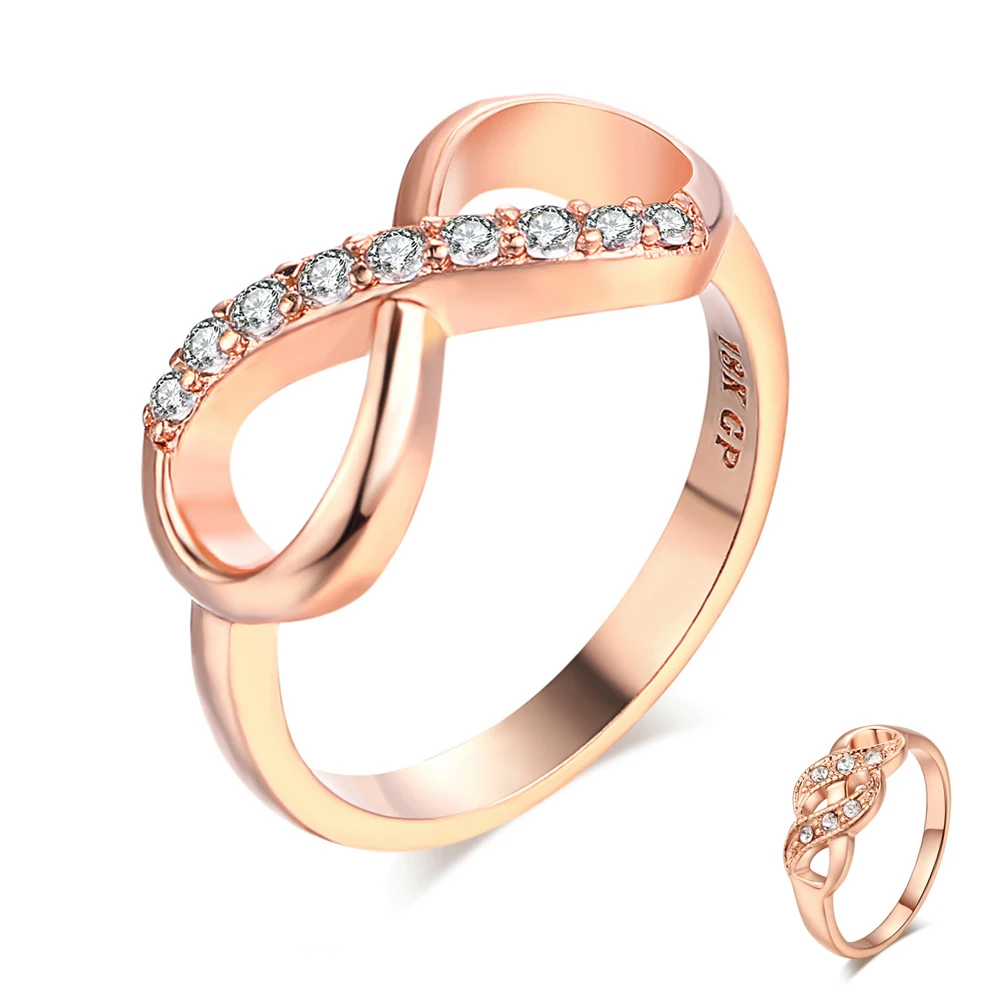 Novo design promoção moda anel cristal de cobre rosa cor dourada anel infinito joias declaração promoção para mulheres rnavegação